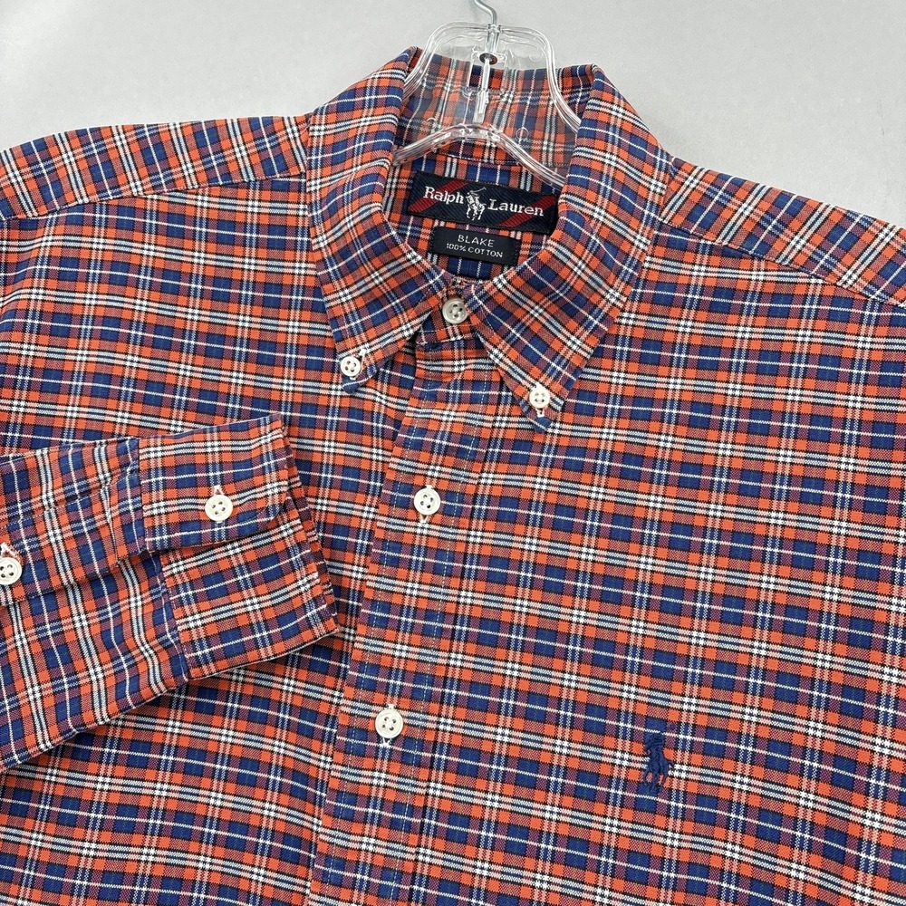 Ralph Lauren Shirt Mens Medium Orange Blue Plaid Blake Button Up Polo Oxford VTG
